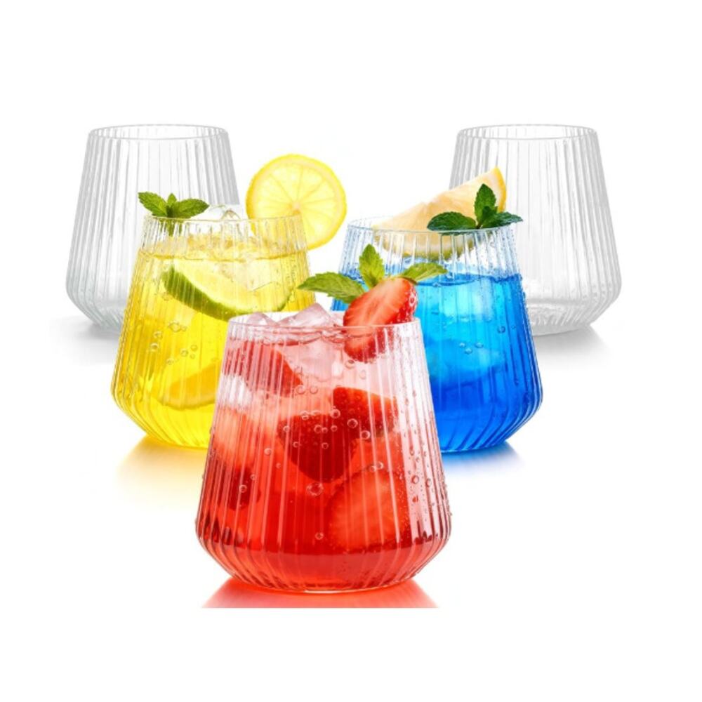 12oz Ribbed Stemless Wine Glasses Clear Plastic Reusable Cocktail Cups 36 pc Set
